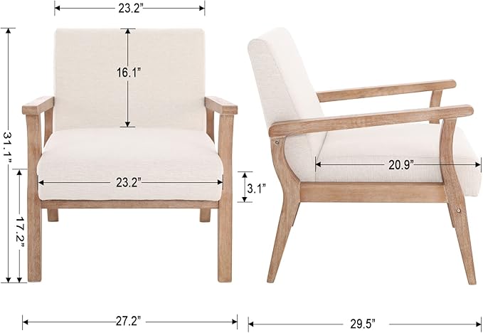 Mid Century Modern Accent Chairs Set of 2 Linen Upholstered Armchairs Comfy Living Room Chairs Single Fabric Lounge Chairs Reading Chairs with Natural Solid Wood Frame Beige