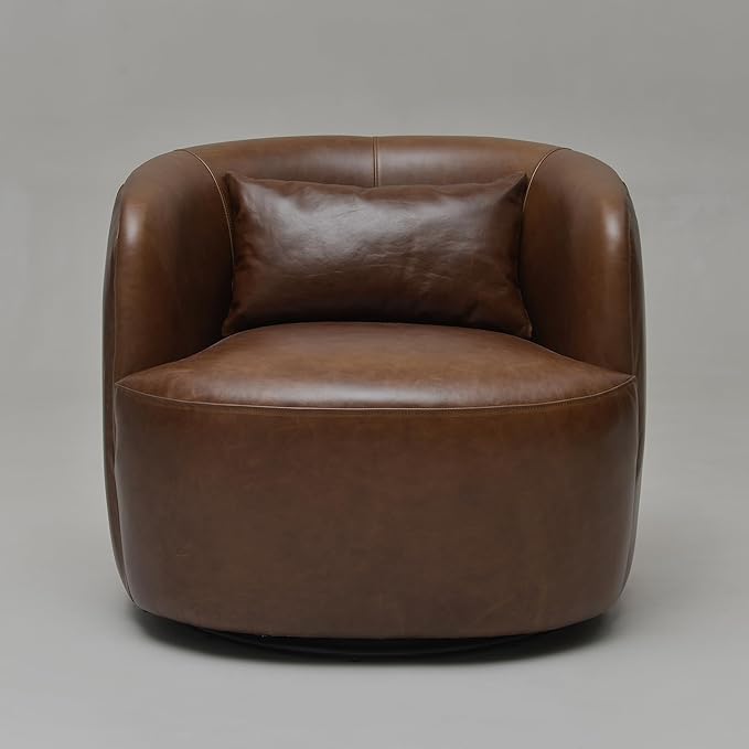 KINWELL 33''W 100% Top Grain Genuine Leather Swivel Barrel Armchair No Assembly Round Upholstered Leather Accent Chairs with Toss Pillow for Living Room Office Lounge (Dark Brown Genuine Leather)