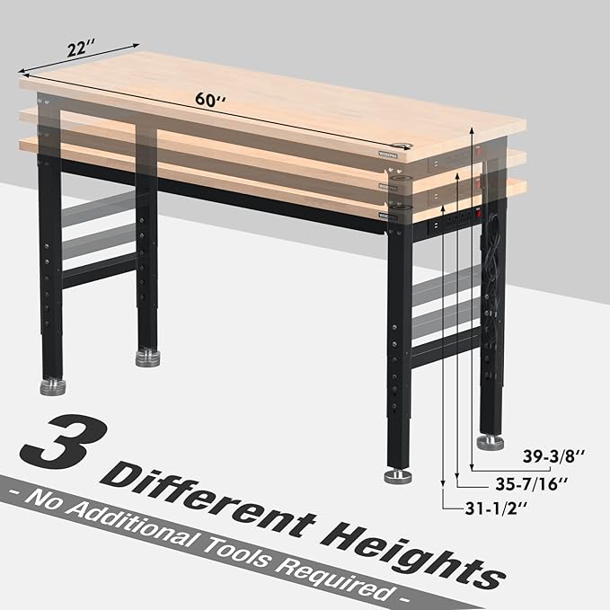 WORKPRO 60 Adjustable Workbench Rubber Wood Top Heavy-Duty Workstation 2000 LBS Load Capacity Hardwood Worktable with Power Outlets for Workshop Garage