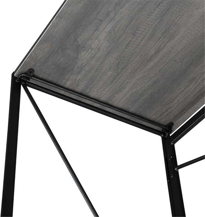Pemberly Row Folding Desk 39 in L x 19.75 in W x 29.5 in H Gray Wood Finish Black Powder-Coated Metal Frame Compact Particleboard Workspace Easy Assembly Home Office or Study Desk