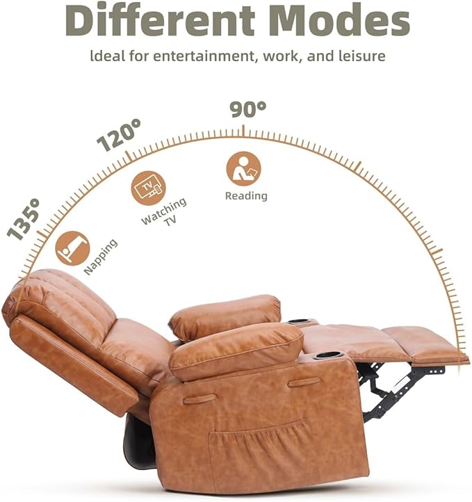 GarveeHome Oversized Recliner Chair 360° Swivel Rocker Recliners with Heat &amp Massage Soft Lazy Boy Recliner Chair with 2 Cup Holders and Side Pocket for Living Room Bedroom Nurseries -Retro Brow