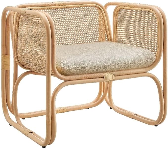 Ellis Natural Rattan Accent Armchair in Natural – Curved Low Lounge Chair with Cushioned Seat for Living Room Sunroom or Covered Patio