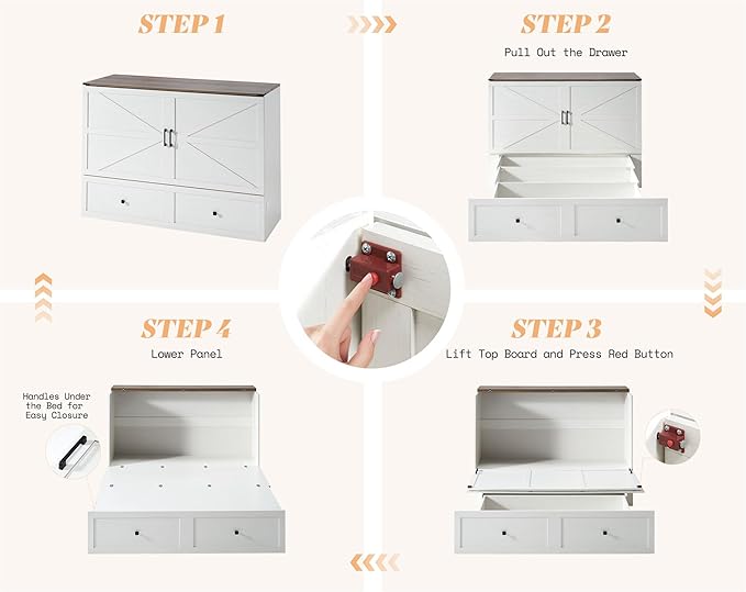 AMERLIFE Queen Murphy Bed with Storage &amp Charging Station Farmhouse Murphy Cabinet with Foldable Panel Noisy Free for Guest Bedroom Living Room Office Distressed White