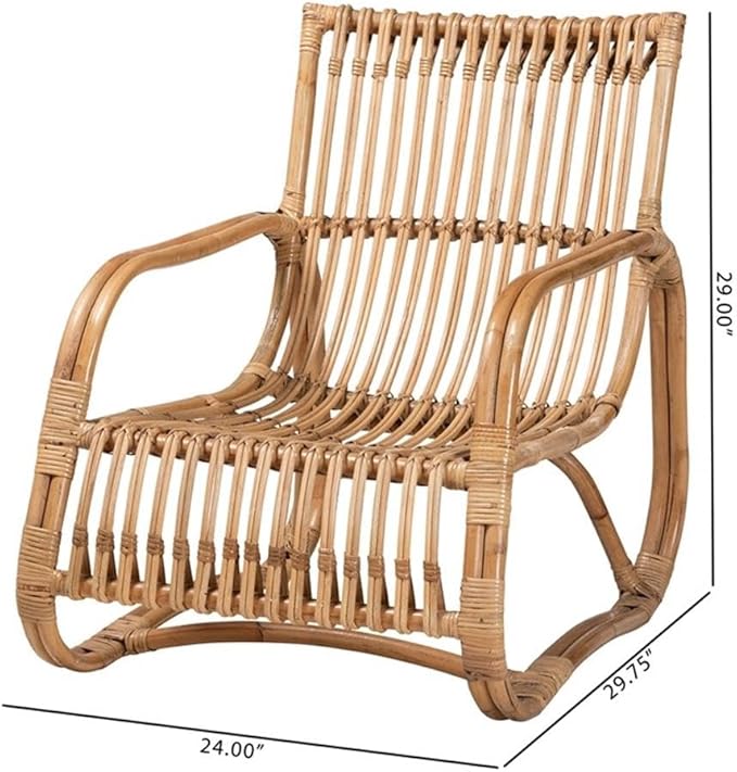 Pemberly Row Contemporary Natural Rattan Accent Chair 24 W x 29.75 D x 29 H Handcrafted Openwork Frame with Rounded Armrest Bohemian Style for Living Room or Lounge Use