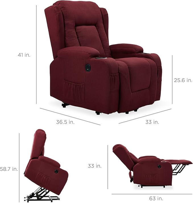 Best Choice Products Modern Linen Electric Power Lift Chair Recliner Massage Chair Adjustable Furniture for Back Legs w/ 3 Positions USB Port Heat Cupholders Easy-to-Reach Button - Burgundy