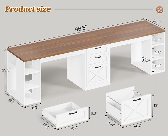 SEDETA Farmhouse 96.5 Computer Desk with Drawers 2 Person Home Office Desk Gaming Double Desk with Storage Shelves Long Two Person Writing Desk (White and Brown)