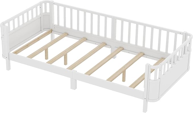 Bellemave Twin XL Montessori Bed with Fence and Slats Twin XL Low Platform Bed Frame with Detachable Side Bed Rails and Rounded Corner Design Easy Assemble Montessori Bed White