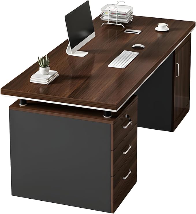 LITFAD Office Desk Modern Computer Desk Brown Wood Writing Desk with Black Sled Base Locking Drawer and Cabinet Home Office Furniture - Without Chairs 55 L x 24 W x 30 H