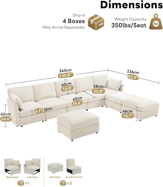 Tbfit L Shaped Couch 8 Seat Sectional Sofa for Living RoomChenille Cloud Couch with Ottoman Beige