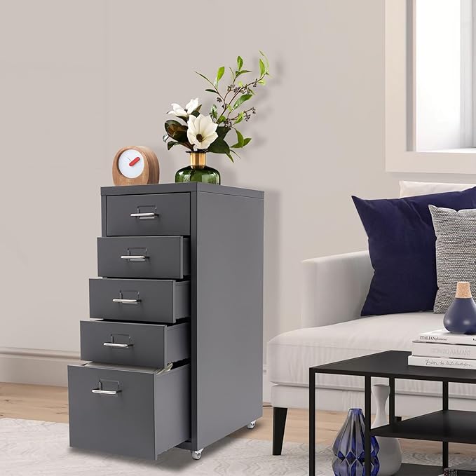 5-Drawer Storage Cabinet with Wheels Metal File Storage Organizer with 4 Small &amp 1 Large Drawers Mobile Vertical Filing Cabinet for Home Office Craft Room Bedroom 11x16.1x27.1in (Grey)