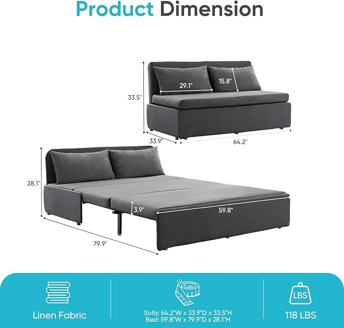 CECER 64.2 Queen Size Pull Out Sofa Bed Pull Out Couch Bed with 2 Pillows Linen Convertible Sleeper Sofa with Comfy Mattress 2 in 1 Armless Loveseat Sleeper for Living Room-Dark Grey