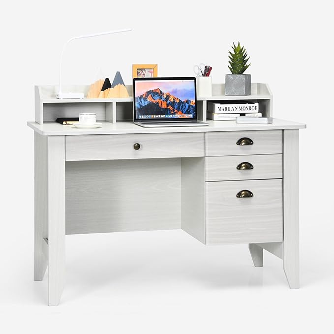 Safeplus 48 Computer Desk with 4 Storage Drawers and Hutch Wood Executive Table for PC Laptop