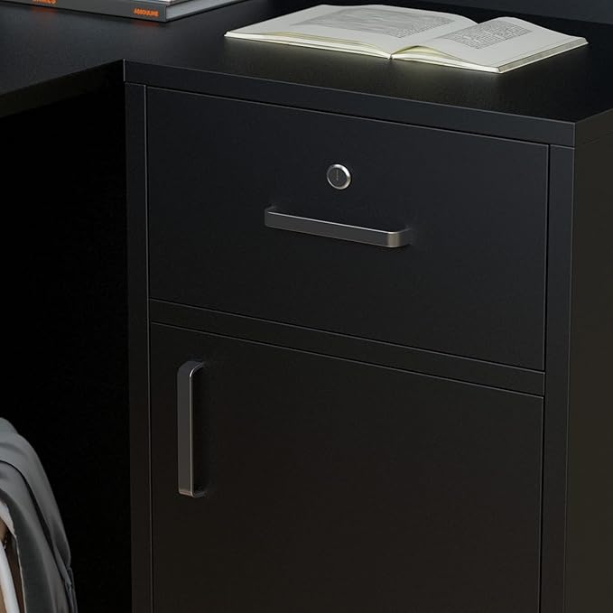Homsee Reception Desk L-Shaped Office Desk with Counter 1 Door Storage Cabinet 1 Lockable Drawer Hutch Shelf and Keyboard Tray Black
