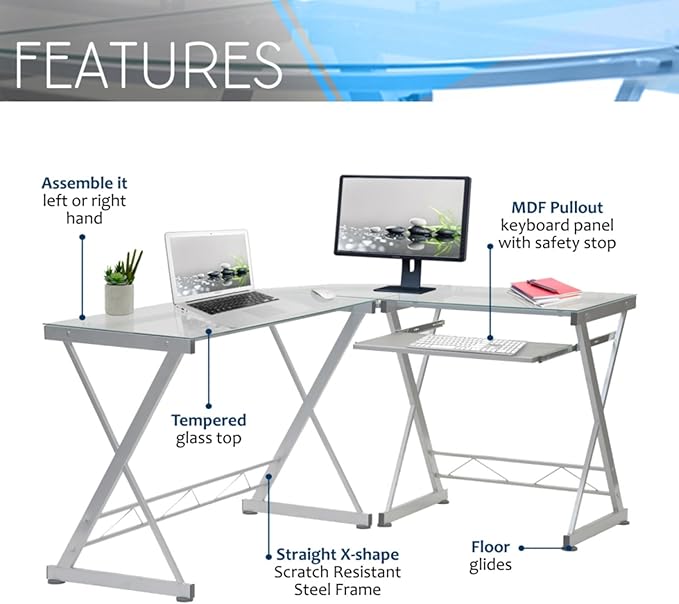 L-Shaped Writing Desk Computer Desk with Clear Tempered Glass Top Reversible Corner Design Pull-Out Keyboard Tray Scratch-Resistant Steel Frame for Home Office or Study