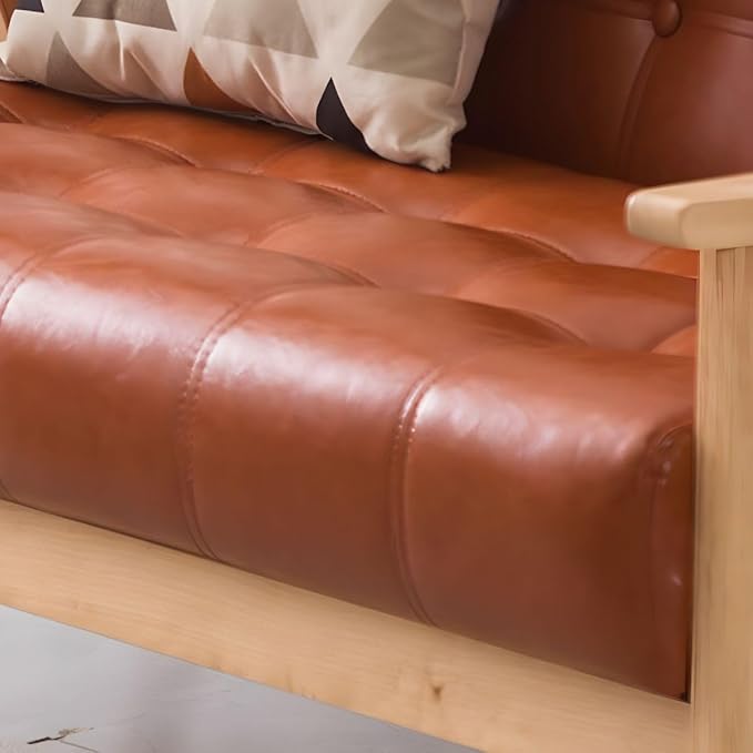 Modern Mid-Century Modern Faux Leather Loveseat Sofa with Tufted Back in Solid Color for Living Room Apartment and Small Space Red Oiled Leather 55 L x 25.5 W x 27.5 H Brown Wood Leg