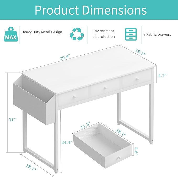 Lufeiya Small White Computer Desk with Drawers for Home Office Bedroom 40 Inch Vanity Desk with Fabric Drawer Storage and Side Pouch Study Writing Table White