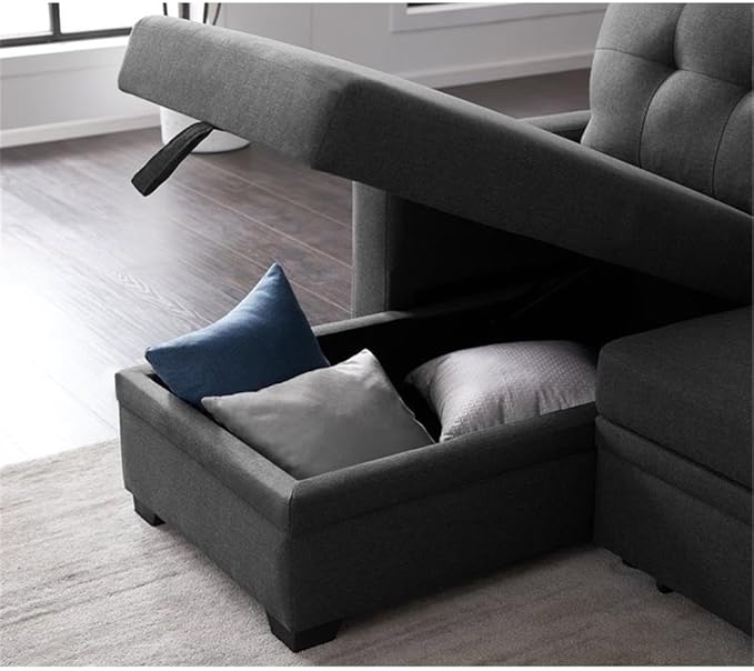 Devion Furniture L-Shaped Polyester Fabric Reversible Easy Convertible Pull-Out Sleeper Sectional Sofa/Storage Chaise with Tufted Back Cushions and Track Arms in Dark Gray