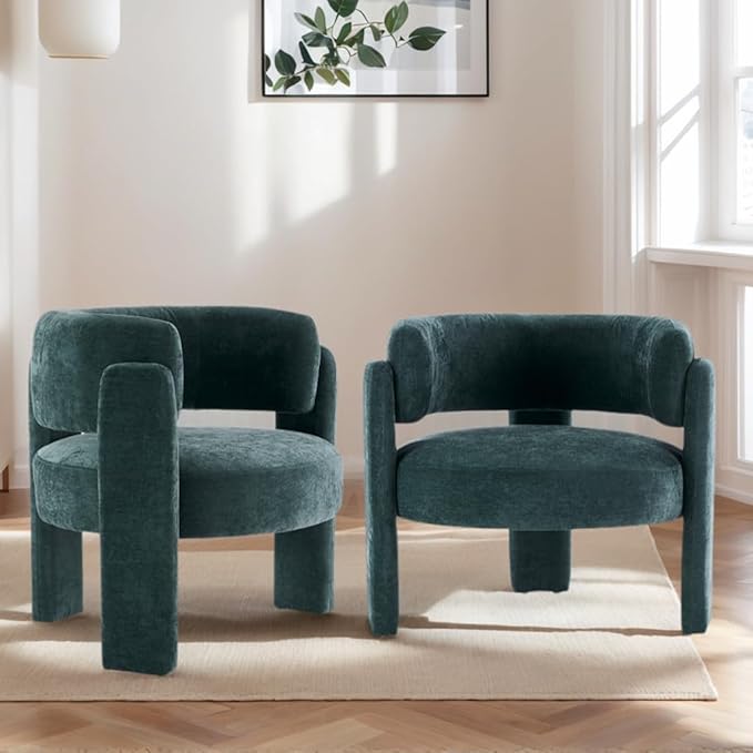 Modern Accent Barrel ChairMid Century Single Armchair with Curved Backrest Upholstered Side Reading Chair with 3 Legs Comfy Sherpa Chair for Bedroom Home Office Living Room (GreenSet of 2)
