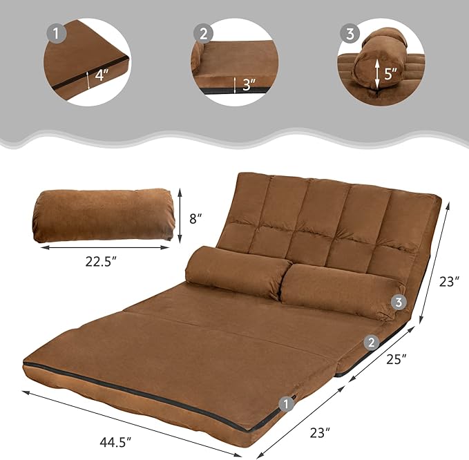 Giantex Adjustable Floor Sofa 6-Position Foldable Lazy Sofa Bed Durable &amp Stable Suede Floor Seating Couch with 2 Pillows (Brown)