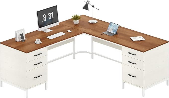 TVU 59’‘ L Shaped Desk with 6 Wood Drawers Large Home Office Corner Computer Desk with Storage File Cabinet Modern Metal Wood Desk for Executive Writing Study Workstation