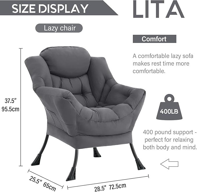 LITA Lazy Chair with Armrests and Side Pocket Modern Upholstered Accent Reading Chair for Living Room Bedroom Dorm Small Spaces Single Dark Grey