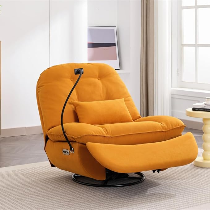 Power Recliner Sofa Chair 270 Degree Swivel Leisure Single Sofa with Button Control Wireless Speaker USB Ports Hidden Arm Storage Phone Holder for Living Room Orange Fabric (Without LED)