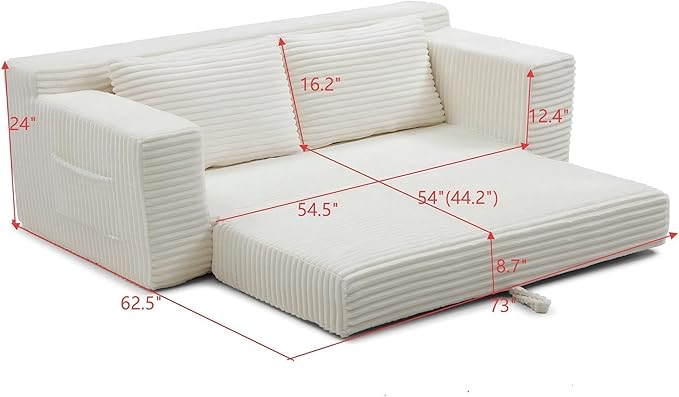 73 Convertible Sofa Bed Pull Out Loveseat Sleeper Sofa with Side Pockets 2 in 1 Folding Couch Bed Fold Out Floor Couch Lounge Sofa with 2 Pillows for Living Room Apartment (Beige)