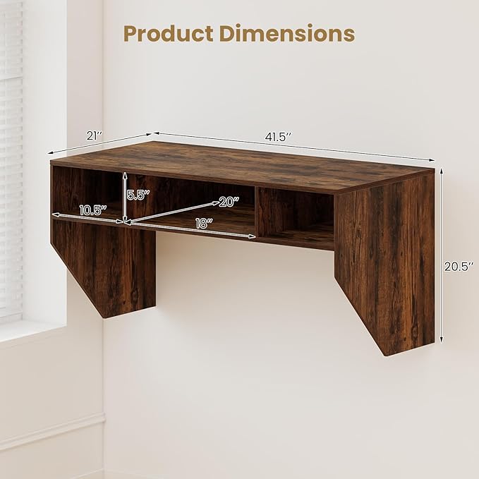 Giantex Wall-Mounted Computer Desk Floating Laptop Desk with 3 Storage Compartments Space-Saving Home Office Workstation Vanity Table for Bedroom Study Living Room (Rustic Brown)