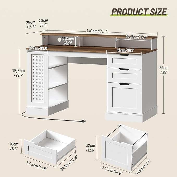 55inch Farmhouse Executive Desk with 2 Drawers and File Cabinet Computer Desk with 3-Tier Storage Shelves Home Office Desk with Charging Station Pegboard and Monitor Shelf White and Walnut