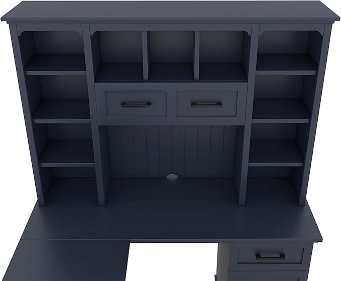 Multi-Function Wood Home Office Computer Desk with Storage Cabinets and Bookcases L-Shaped Executive Desk Writing Desk Study Workstation for Office Study Room (Antique Blue-L)