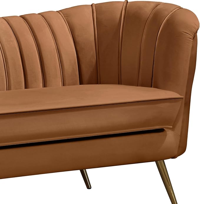 Meridian Furniture 622Saddle-L Margo Collection Modern Contemporary Velvet Upholstered Loveseat with Stainless Steel Base in a Rich Gold Finish Saddle 65 W x 30 D x 33 H