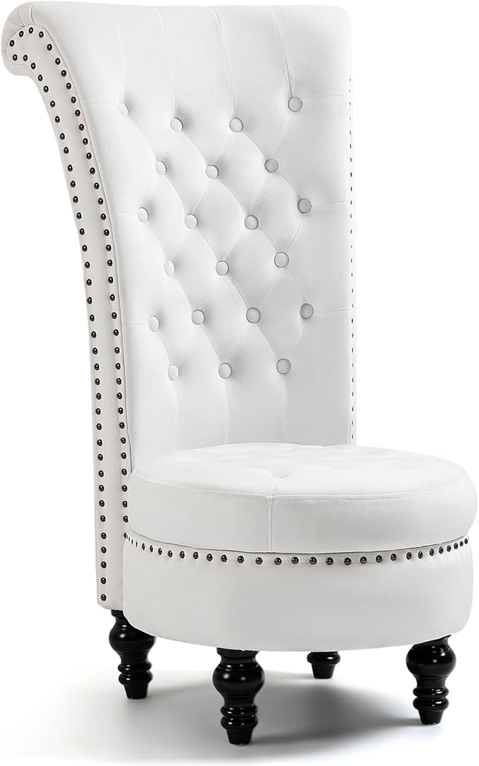 AVAWING High Back Throne Chair Velvet Armless Royal Accent Chair w/Storage Nailhead Trim &amp Rubberwood Legs for Living Room &amp Bedroom White