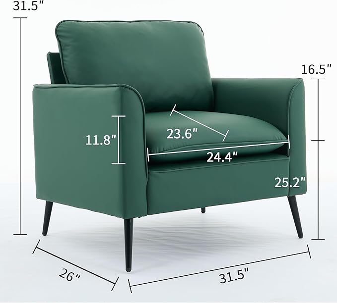 Modern Faux Leather Chair Set of 2 Oversized Arm Chair for Living Room Mid-Century Accent Sofa for Bedroom Comfy Upholstered Single Sofa Readingchair for Waiting Room and conference roomGreen