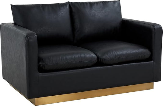 LeisureMod Nervo Modern Upholstered Leather Loveseat Sofa 2-Seater Living Room Couch with Gold Metal Base and Removable Cushions Small Space Furniture for Living Room Office Waiting Area Black