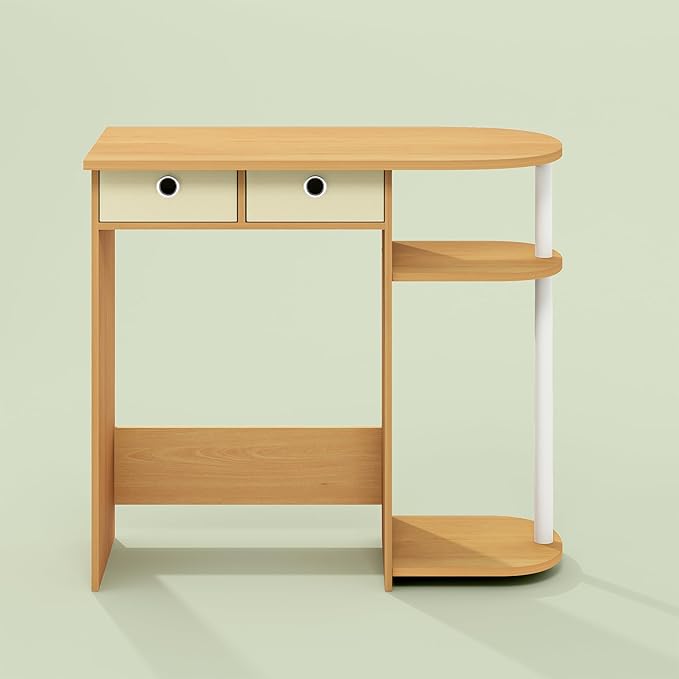 Ipoh Home Computer Desk 32 Inch Writing Desk Study Desk with Side Shelves and Bin Storage for Home Office Study Room Natural/White