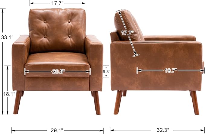 Wahson Accent Chairs Set of 2 Faux Leather Tufted Single Sofa Brown Oversized Club Chair Mid Century Modern Armchair with Wood Legs for Reading/Living Room/Bedroom