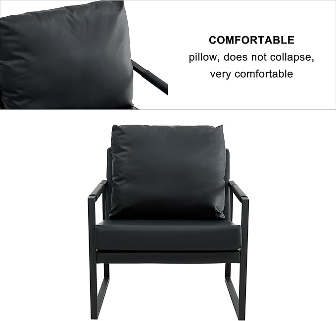 Mid Century Modern PU Leather Accent Arm Chair with Metal Frame and Thick Padded Backrest Upholstered Lounge Armchair Sofa for Living Room Bedroom