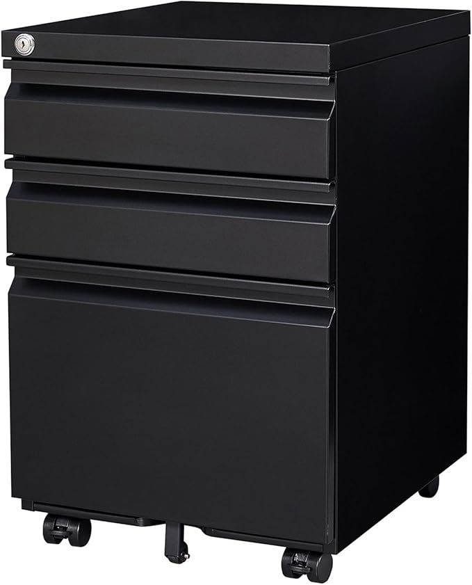 Fully Assembled 3 Drawer File Cabinet for Under Desk File Cabinet with 5 Casters &amp Smooth Gliding for Home Office Legal Letter and A4 Files One Lock (Black)