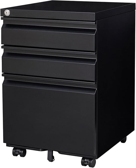 Fully Assembled 3 Drawer File Cabinet for Under Desk File Cabinet with 5 Casters &amp Smooth Gliding for Home Office Legal Letter and A4 Files One Lock (Black)