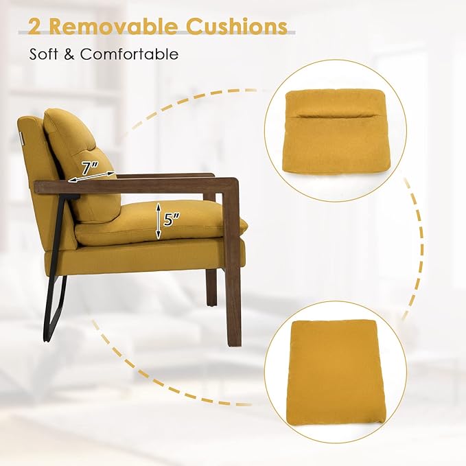 Giantex Set of 2 Accent Chair Comfy Soft Bedroom Chair with Solid Rubber Wood Legs Rear Steel Bracket Non-Slip Foot Pads Detachable Cushions Mid-Century Modern Living Room Chairs Yellow