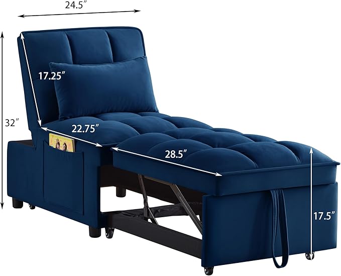 4 in1 Multi-Function Single Sofa Bed with Storage PocketsTufted Single Pull-Out Sofa Bed with Adjustable Backrest and PillowsConvertible Chaise Loungefor Small Room Apartment (Navy)