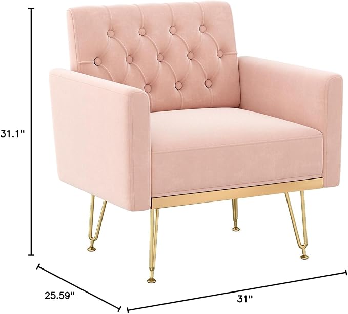 KEIKI Small Velvet Accent Chair 31 Inch Modern Tufted Upholstered Armchair with Metal Leg Comfortable Single Sofa Side Reading Chairs Comfy Arm Chair for Bedroom Living Room Easy Assembly Pink