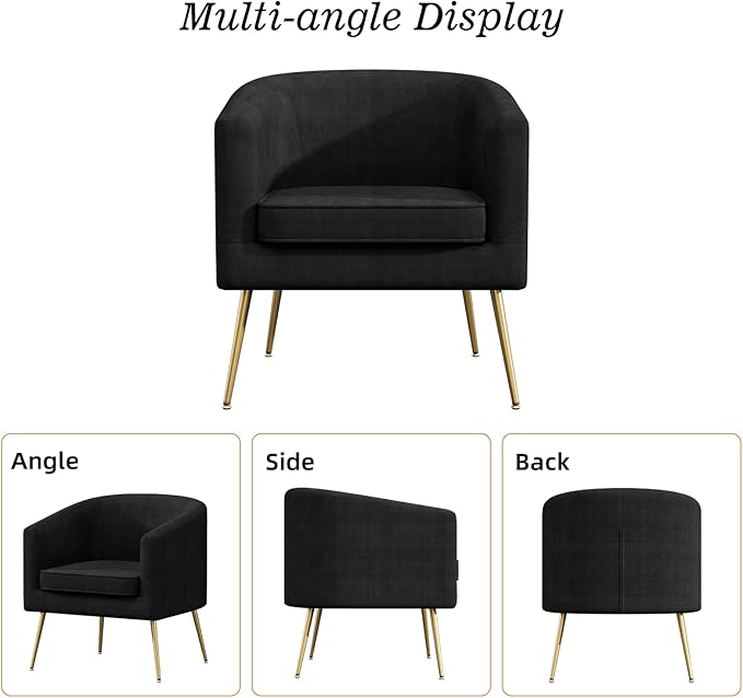Velvet Barrel Chair Modern Accent Chair with Metal Sturdy Legs Club Chair Comfy Armchair Modern Tub Chair for for Living Room Bedroom Waiting Room Black