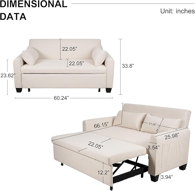 Oversized 3-in-1 Convertible Sleeper Sofa Bed Futon Couch with Pullout Bed 2-Seater Loveseat Sofa w/Pockets Adjustable Backrest and Pillows for Living Room Apartment (White)