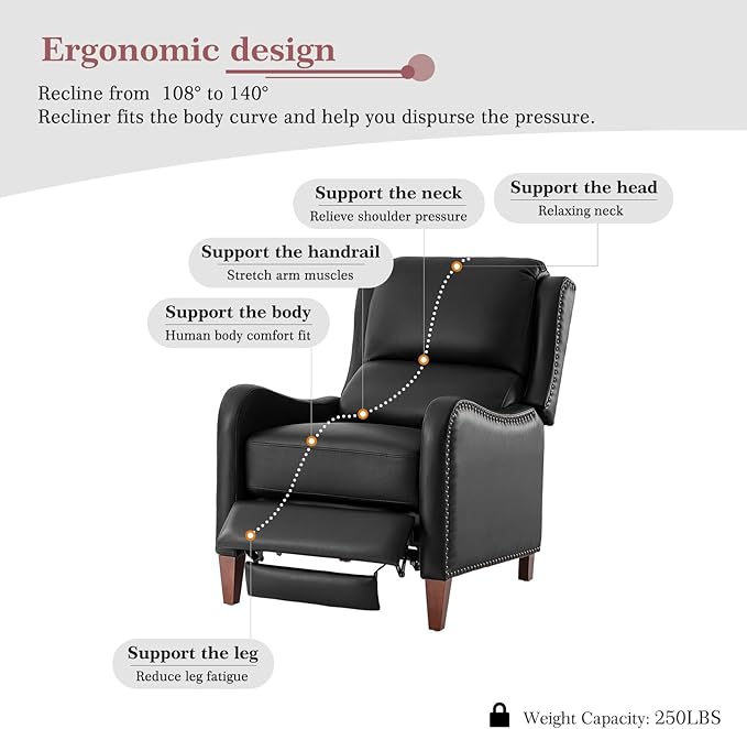 HULALA HOME Genuine Leather Recliner Chair Modern Push Back Recliner Armchair with Thick Seat Backrest &amp Footrest Nailhead Decor for Living Room Bedroom Black