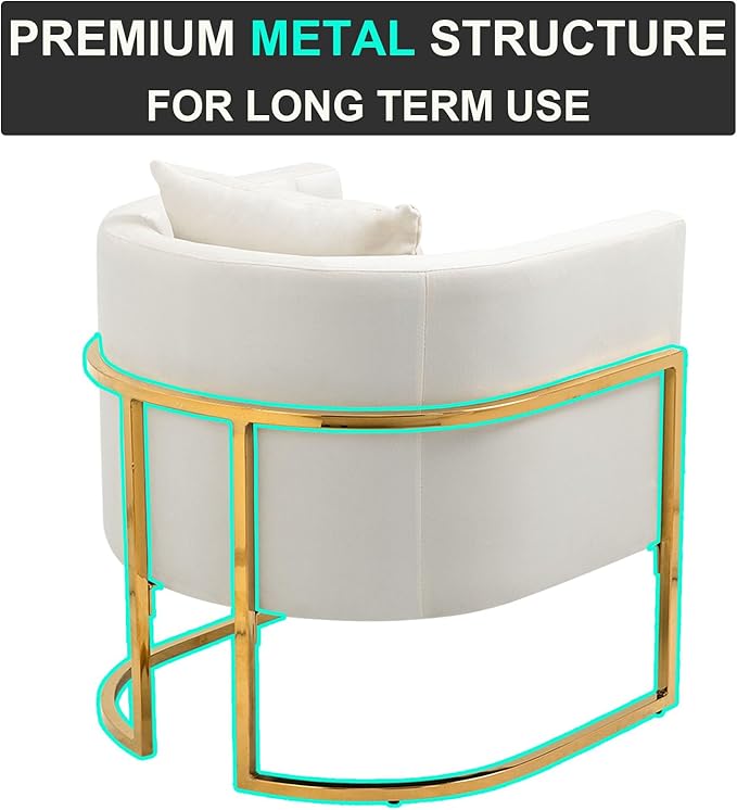 X-VOLSPORT Velvet Accent Chair Modern Barrel Arm Chair for Living Room/Bedroom/Guest Reception Upholstered Club Armchair with Pillow &amp Gold Base White