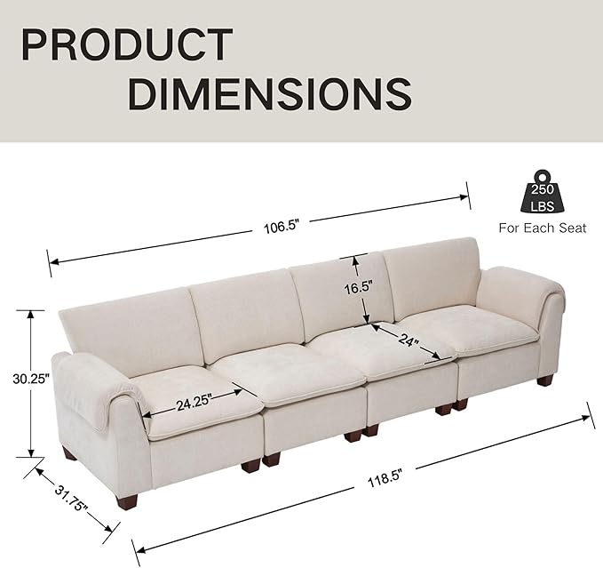 119 Inches Cloud Modular Sectional Sofa 4 Seater Chenille Fabric Couch Modern Convertible Comfortable Sofa Couch for Living Room White
