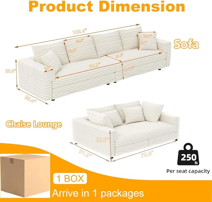 Cloud Couch Modular Sectional Sofa Fluffy 4 Seater Corduroy Cloud Sofa Couch 102.4'' Oversized Chaise Lounge Sleeper Sofas Deep Seat Sectional Couches for Living Room Beige
