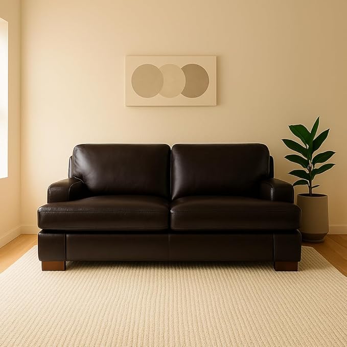 Naomi Home Genuine Leather Loveseat – Goose Feather Cushion Filling Square Arm Design Sturdy Block Legs – Cozy 2-Seater Sofa – Ideal for Living Room Office or Bedroom Espresso