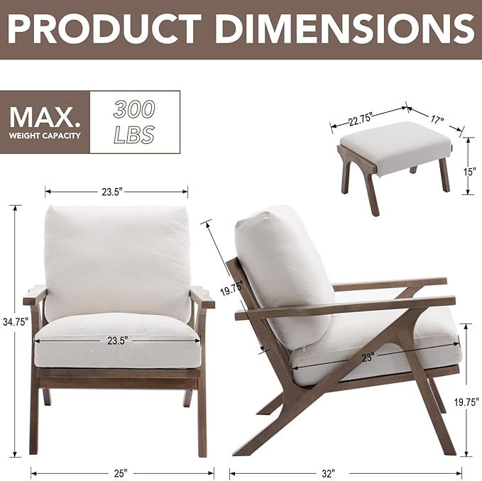 chairus Mid-Century Modern White Linen Accent Chairs with Ottomans Set of 2 Comfy Upholstered Lounge Armchairs with Solid Wood Frame Fabric Reading Chairs for Living Room Bedroom Office